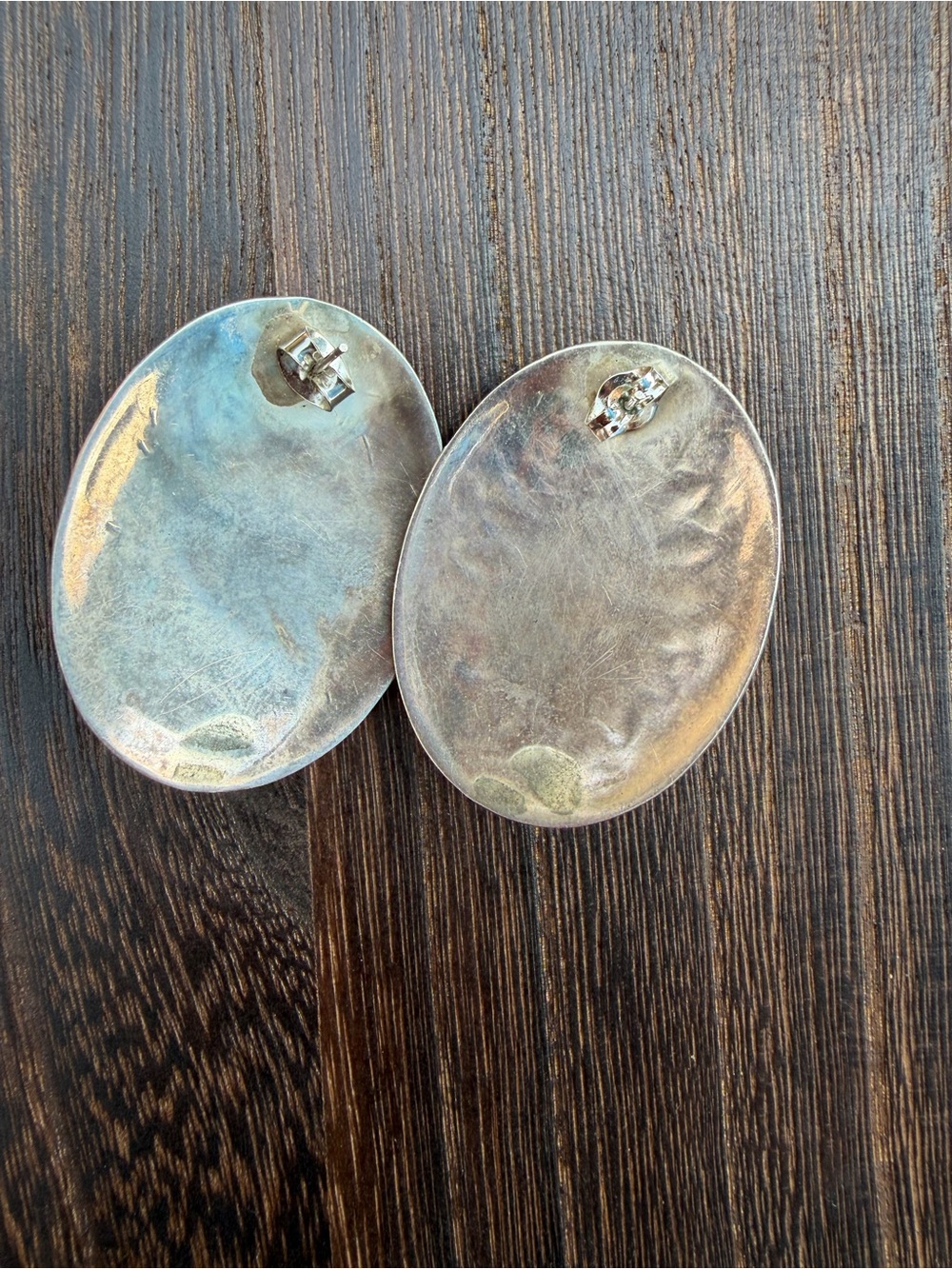 Concho and Turquoise Oval Sterling Silver Earrings - Vintage Native Handmade - Picture 5 of 5